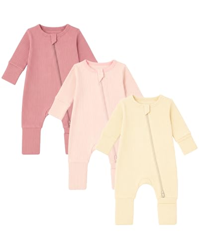 WYTbaby 3er Pack Baby Schlafanzug für Jungen und Mädchen, Baumwolle Kleinkind Strampler mit Reißverschluss und Umklappbaren Fäustlingen Babykleidung 0-3 Monate