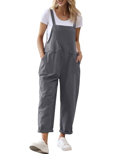 YESNO Damen Latzhose Sommer Oversize Trägerhose Beiläufig Loose Bib Pants Overall Baggy Jumpsuit Strampler Sommerhose mit Träger (XL PV9DE Grau)