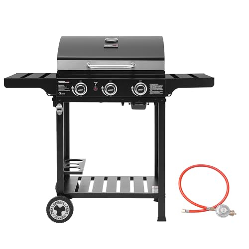 Royal Gourmet 3 Brenner Gasgrill Grillwagen mit Klappbaren Seitenablagen, Camping Grill mit Flascheständer, Standgrill mit Edelstahl Brenner 9 kW Schwarz