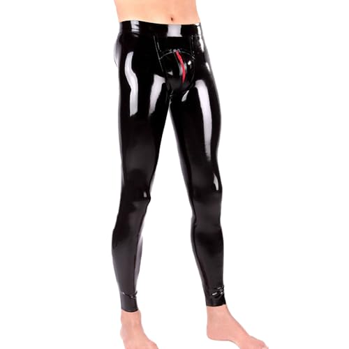 IOKUKI Latex-Leggings für Männer,Schwarze Latexhosen mit Roter Reißverschluss im Schrittn,Geeignet für Party Kleidung-S
