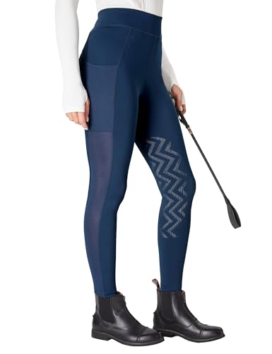 FitsT4 Sports Reithose Damen Reitleggings mit Rutschfestem Kniebesatz, Hohem Bund und Seitentaschen, Atmungsaktiv und Elastisch für Reitschule und Radfahren im Frühling Sommer