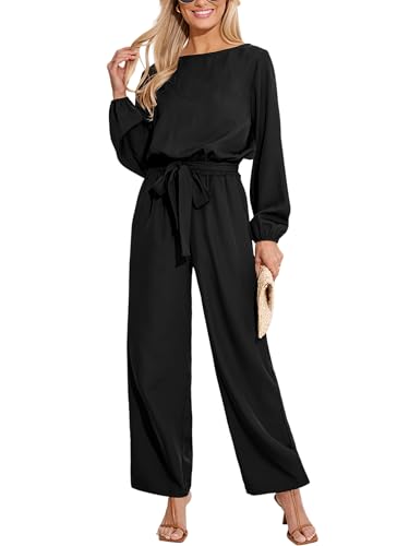 CUPSHE Damen Jumpsuit Bootskragen Langarm Overall Schlitz Hinten Weite Beine Playsuit mit Gürtel Elegant Hosenanzug Schwarz M