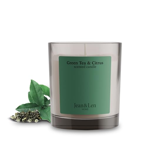 Jean & Len Scented Candle Green Tea & Citrus, hergestellt mit Sheabutter, Brenndauer ca. 40 Stunden, minimalistisches Design, frischer Duft, vegan, 195 g