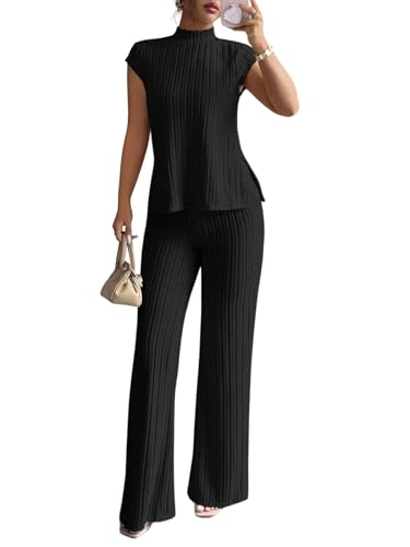 SweatyRocks Strick Set Damen Zweiteiler Herbst Mode Lounge Set Strick Hose Und Oberteil 2 Teiler Elegant Herbst Outfit Trainingsanzug Schwarz L