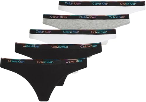 Calvin Klein Damen 5er Pack Strings mit Logo, Mehrfarbig (Black/White/Black/Gry Htr/White), M