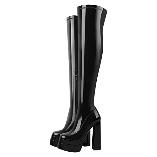 Only maker Damen Plateau Stiefel Overknee Stretch Boots mit Blockabsatz Seitlicher Reißverschluss Lack Schwarz 40 EU