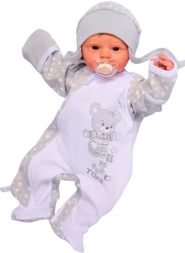 Baby Strampler Set Overall mit Kratzschutz Mütze Schlafanzug Unisex Neugeborene Jungen Mädchen Babykleidung Geschenk Geburt Erstlingsausstattung Babymode Frühchen Schlafset bequem (weiß-grau, 44-50)