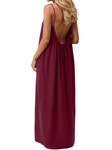 IWOLLENCE Sommerkleid Damen mit Kordelzug Ärmelloses Rückenfrei Strandkleid Maxikleid Spaghettiträger Kleid Langes Kleid Elegant Trägerkleid für Urlaub und Lounge (Weinrot, L)