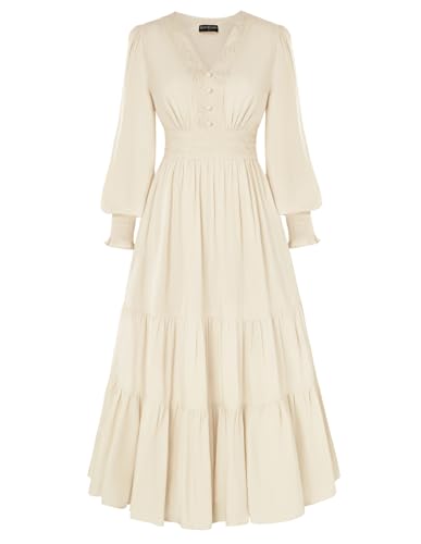 Renaissance Damen Kleid Ausgestellter Ärmel V-Ausschnitt Plissierte Taille A-Linie Maxikleider Aprikose L