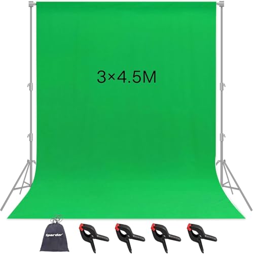 Spardar Greenscreen mit 4 Klemmen, 3M X 4.5M Foto Hintergrund Greenscreen Stoff Baumwolle Faltbare Green Screen Fotostudio Hintergrund für Fotografie Video Hintergrundsystem Modefotografie