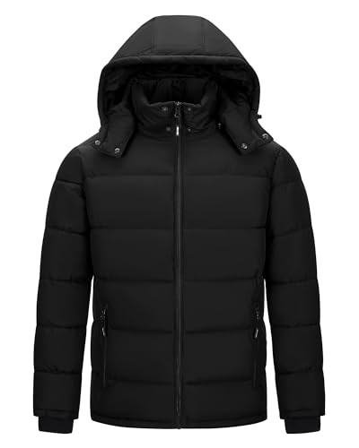 Outdoor Ventures Herren Leichte Steppjacke Wasserdichte Übergangsjacke Winddichte Warme Winterjacke Männer Daunenjacken Winterparka mit Gefüttert Abnehmbare Kapuze Stehkragen Schwarz XL