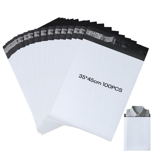 KOMABLEN 100Stk Versandtaschen, 35x45cm Selbstklebend Versandtüten für Kleidung, Blickdicht Wasserdicht Weiße PE Versandbeutel, Abrasionsbeständig groß Pakete für Versand für Expressverpackung