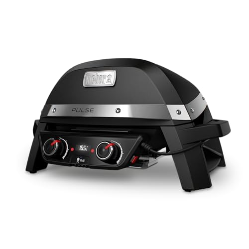 Weber PULSE 2000 Elektro Grill, 49 x 39cm Grillfläche, Temperaturen über 300°C, Zwei-Zonen-Grillen, Digitaler Temperaturregler & Thermometer, Porzellanemaillierter Guss-Grillrost - Schwarz (82010079)