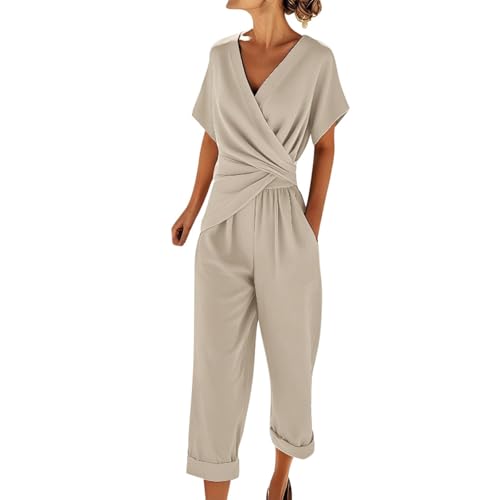 Generisch 2 Teiler Damen Sommer, Zweiteiler Damen Sommer Elegant Elegantes Outfit Komplett 2 Teiler Kurzarm Oberteil mit Hose Weites Bein Set Freizeit Hosenanzug Einfarbig Anzug Freizeitanzug Beige M