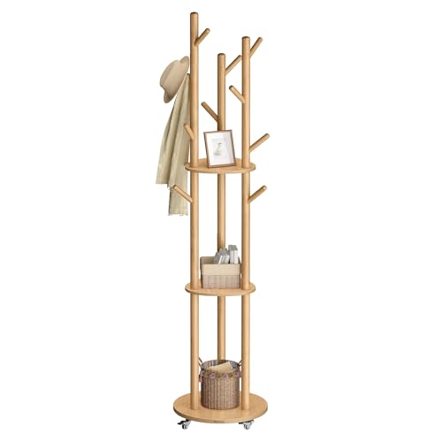 VASAGLE Garderobenständer, Kleiderständer mit 11 Haken und 3 Ablagen, 4 drehbare und abnehmbare Rollen, Haken und Haltestangen aus Massivholz, Eingang Schlafzimmer Wohnzimmer, naturfarben RCR023YK01