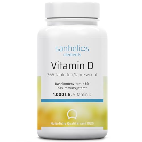 Sanhelios Sonnenvitamin D - 1000 I.E. Vitamin D3 - Unterstützt Knochen, Zähne, Muskeln und Immunsystem* - 365 Minitabletten Jahresvorrat - Nur Premium Zutaten - Hergestellt & geprüft in Deutschland