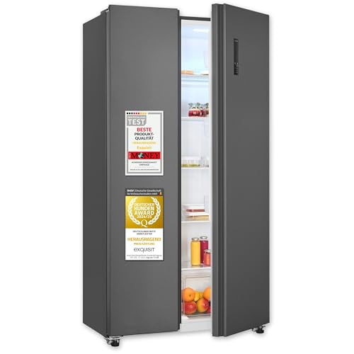 Exquisit Side-by-Side Kühlschrank mit Gefrierteil, 442 Liter, 10 Ablagen, No-Frost, LED-Anzeige, 91 cm Breite, SBS546-040D anthrazit