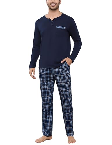 Bresdk Schlafanzug Herren Pyjama Set Lang Baumwolle Winter Nachtwäsche Männer Blau M