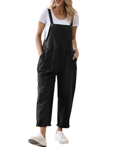 YESNO Damen Latzhose Sommer Oversize Trägerhose Beiläufig Loose Bib Pants Overall Baggy Jumpsuit Strampler Sommerhose mit Träger (XL PV9DE Schwarz)