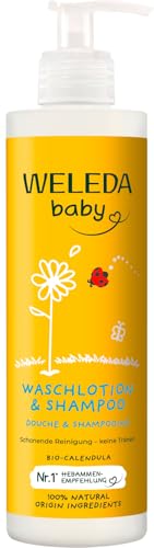 WELEDA Bio Calendula Baby XL Waschlotion & Shampoo vegan - Naturkosmetik Duschgel zur Hautpflege / Haarpflege bei Neugeborenen. Babypflege Dusche für empfindliche Haut, mild zu den Augen (1x 400ml)