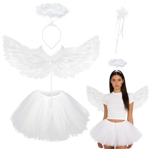 LYPPUL 4 Stück 65cm Engelsflügel Weiß mit Heiligenschein, Engel Kostüm Damen, Engels Flügel Kostüm mit Heiligenschein und Zauberstab, Engel Flügel für Damen und Mädchen,Party Fasching Kostüme Deko