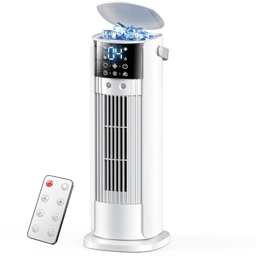 Klimaanlage Mobil, 4-in-1 Mobiles Klimagerät, Turmventilator Luftkühler mit Wasserkühlung Wassertank, 4 Windgeschwindigkeiten, 90°Oszillation,10H Timer, Fernbedienung, Leise für Zuhause