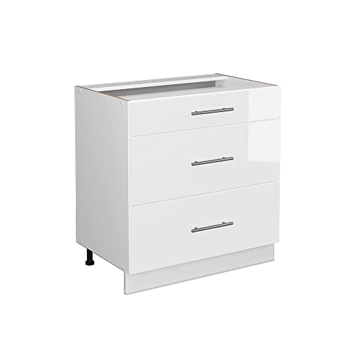 Vicco Küchenunterschrank Fame-Line, Weiß Hochglanz/Weiß, 80 cm mit 3 Schubladen, ohne Arbeitsplatte, zur Kombination mit weiteren Modulen der Fame-Line Serie