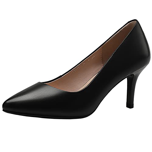 Jamron Damen Volles Echtes Leder 7CM High Heels Elegant Spitze Zehen Pumps Büro Arbeitsschuhe Schwarz SN602C015-2 EU35