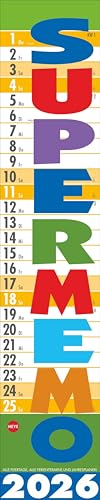 Supermemo Kalender 2026: Streifenkalender fürs Büro. Langer Wandkalender mit einer Spalte zum Eintragen. Büro-Kalender 2026. Kalender vertikal zum Aufhängen. 17 x 85 cm (Bürokalender Heye)