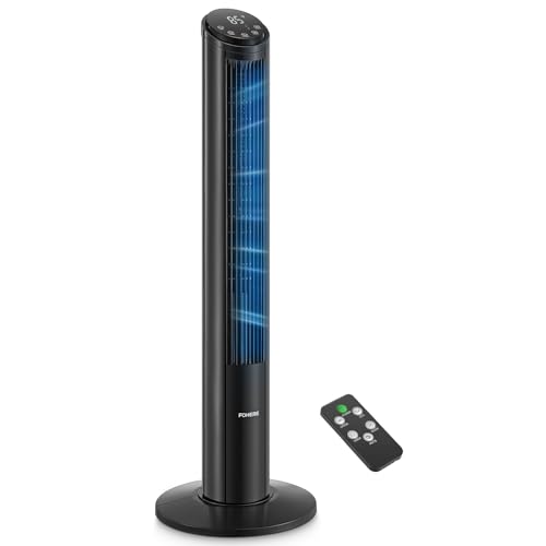 FOHERE Leiser Turmventilator, 102cm Oszillierender Standventilator mit Fernbedienung, 4 Modi, 12 Stufen, 12 Std Timer, 7,6m/s Geschwindigkeit für Zuhause Schlafzimmer Büro, Schwarz