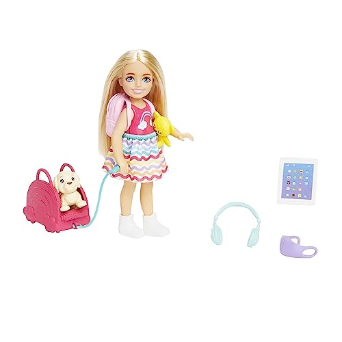Barbie-Spielzeug, Chelsea-Puppe und Accessoires, Reiseset mit Hündchen und 6 Teilen, einschließlich Hundetragekorb, HJY17