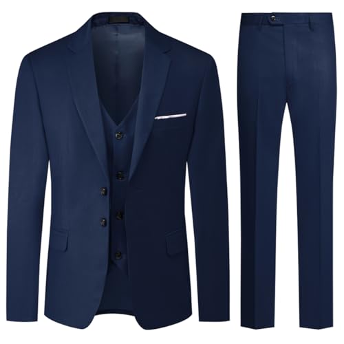 Allthemen Herren Anzug 3-Teilig Slim Fit Einreihig Zwei Knöpfe Hochzeit Smoking Anzug Blazer Weste Hose Blau1 XL