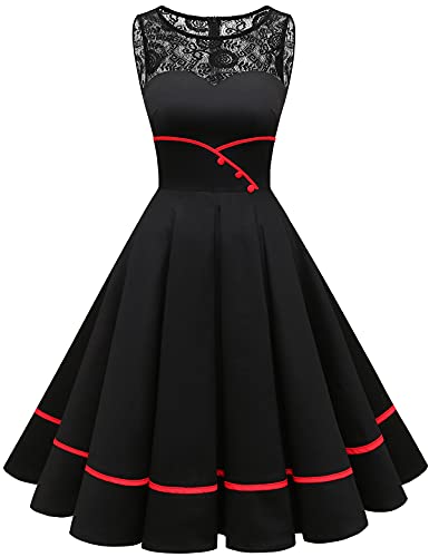 Bbonlinedress Schwarzes Kleid Damen Winterkleid Abendkleider elegant für Hochzeit Jugendweihe Rockabilly Kleider Spitzenkleid Cocktailkleid-2Black M