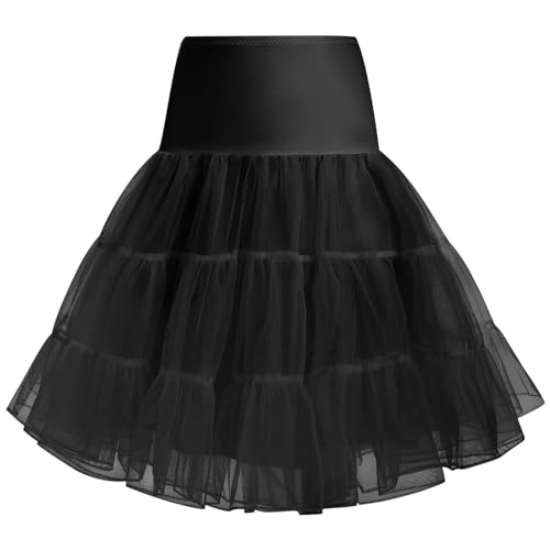 Petticoat Unterrock Damen Kurz Crinoline Reifrock für Rockabilly Kleid 40er 50er 60er Jahre Rock Brautkleid Knielang Tüllrock Elegant Vintage Swing Retro Festlich A Linie Coctailkleid Schwarz S