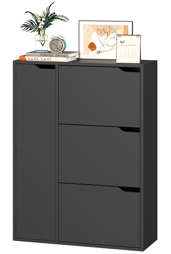 IRONCK Schuhschrank mit 3 Klappen, Schuhkipper Schmal mit Tür, Schuhregal Flur freistehend, Schuhkommode mit verstellbaren Trennwände, Schuhablage Schrank für Eingang Wohnzimmer, 77x30x112cm (Schwarz)