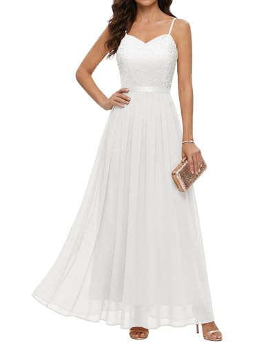 DRESSTELLS Abendkleider Elegant für Hochzeit Festlich Ballkleid Damen Lang Brautkleid Standesamt Weiß Brautjungfernkleider mit Spaghettiträger Jugendweihe Kleider White M