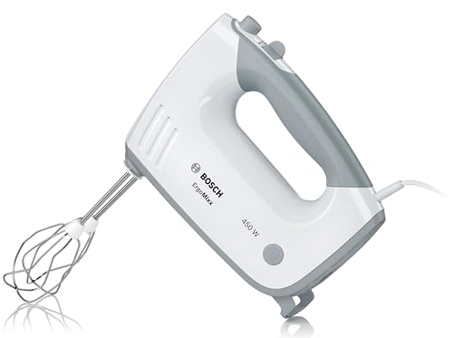 Bosch Handrührer ErgoMixx MFQ36400, 2 Rührbesen, 2 Edelstahl-Knethaken, spülmaschinengeeignet, 5 Stufen plus Turbostufe, 450 W, weiß