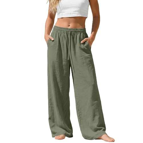 Luadnysin Sommerhose Damen Leicht Leinenhose Hosen Mit Gummizug Sweatpants Freizeithose Hose Schlitz Womens Clothing Stoffhose Weiß Weite Sommer Und Luftig Leichte Schwarze,Grün,M,Green