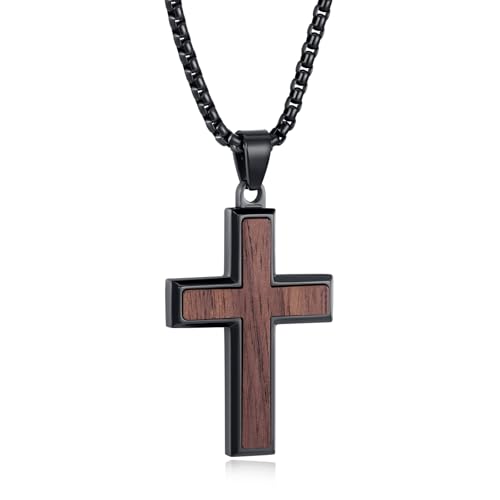REVEMCN Kreuz Kette Herren aus Schwarzem Walnussholz & Edelstah, Holzkreuz Anhänger mit Verstellbarer Halskette 46–61cm, Christlicher Schmuck Geschenk für Sohn (Walnussholz - A, 51cm+5cm (20