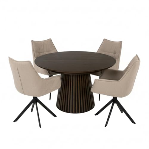 MR. DEKO Küchentisch mit Stühlen | Essgruppe Ginosa Beige | Tisch Barletta Dunkle Eiche Rund 120 cm | Tisch mit 4 Stühlen Set | Essgruppe | Dining Table Set 4 Chairs