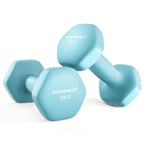 SONGMICS Hanteln, 2er Set, 2 x 2 kg, Hantelset, Kurzhanteln, Hexagon, Neopren-Beschichtung, Krafttraining, Workout, Fitnesstraining, für Zuhause, blassblau SYL904Q01