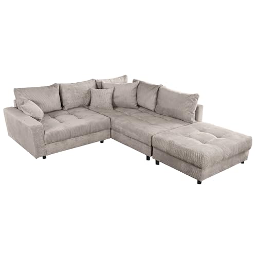 Riess Ambiente Modernes Ecksofa Kent 220cm Greige Cord inkl. Hocker Federkern L-Form Wohnlandschaft