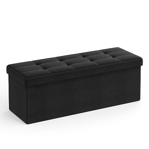 SONGMICS Sitzhocker mit Stauraum, klappbare Sitzbank, 38 x 110 x 38 cm Fußbank, Aufbewahrungsbox, bis 300 kg belastbar, für Wohnzimmer Schlafzimmer Flur, tintenschwarz LSF077B01