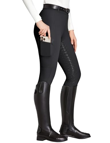 FitsT4 Sports Reitleggings Damen Reithose Silikon vollbesatz mit Handytasche und Gürtelschlaufen für Reitsport Pferdetraining,Schwarz,S