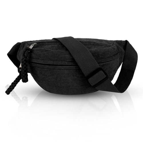 Bauchtasche Cord, Crossbody Bag Damen, Cord Umhängetasche, Modische Gürteltasche mit Schultergurt Einstellbar, für Damen Herren Outdoor Sport, Reise, Schule, Arbeit, (Schwarz)