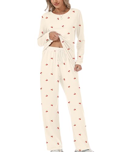 Rapbin Schlafanzug Damen Pyjama Set Langarm Schlafen und Loungewear Damen Kirschen Schlafhose mit Taschen Herbst Lang Hausanzug Zweiteiliger(Aprikosen Kirschmuster M)