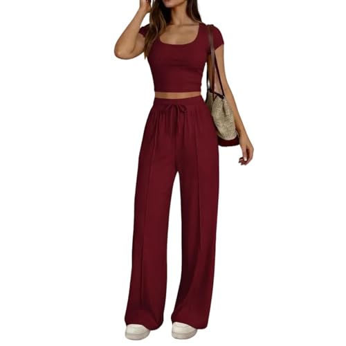 Generisch 2 Teiler Damen Sommer Elegant, Hausanzug Jogginganzug Set Lounge Sportanzug Y2K Outfit Homewear Mit Crop Top Und Schlaghosen Für Frauen Kuschelig Zweiteiler (M, Rot)