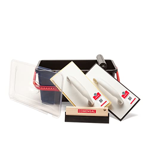 COMENSAL Fliesenwaschset - 7-teiliges Fliesenleger Waschset M - 12L - Profi Fliesen Waschset zum Verputzen - mit Rollenaufsatz - Fugengummi - Hydroschwamm - Reibebrett mit Zellkautschuk - Made in EU