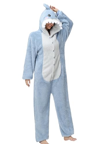 chuangminghangqi Einteiliger Schlafanzug Damen Lang Winter Einteiler Tierkostüm Erwachsene Kostüm Jumpsuit Damen Kuschelig Pyjama Fleece Onesie Kleidung Mit Kapuze(Hai,XXL)
