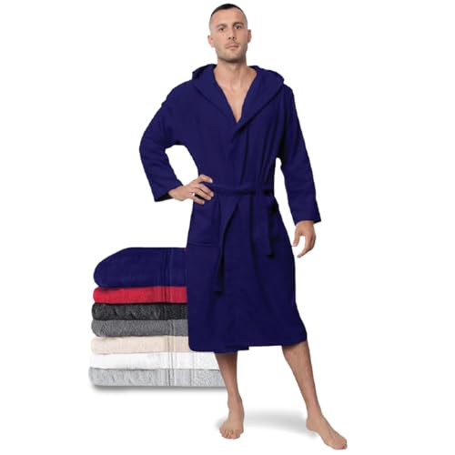Twinzen Bademantel Herren - 3XL - DarkBlau - 100% Baumwolle (350g/m²) Oeko-TEX® Zertifiziert - Bademantel mit Kapuze, 2 Taschen, Gürtel